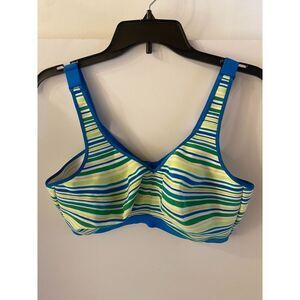 Cacique Active Sports Bra Blue green stripes size 40DD 4 Hooks